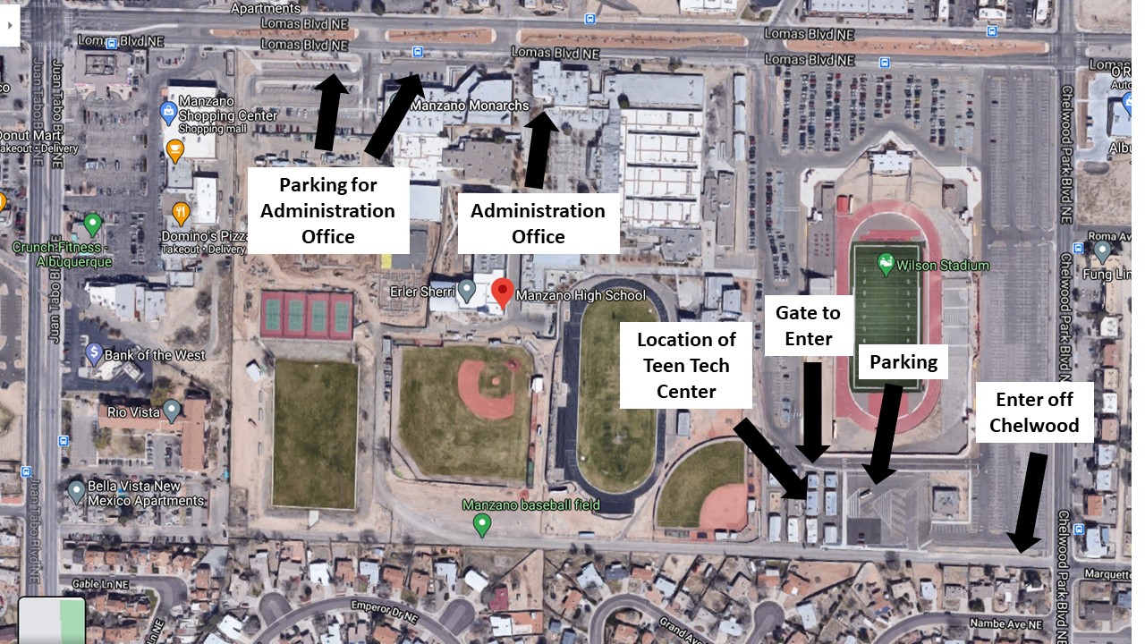 map of Manzano High School notating the location of the Teen Tach center and parking, with an entrance off Chelwood 