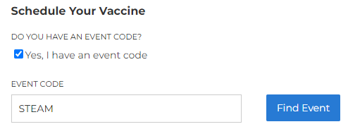 A screenshot of the vaccinenm.org website, showing the code "STEAM" entered into the event code box 
