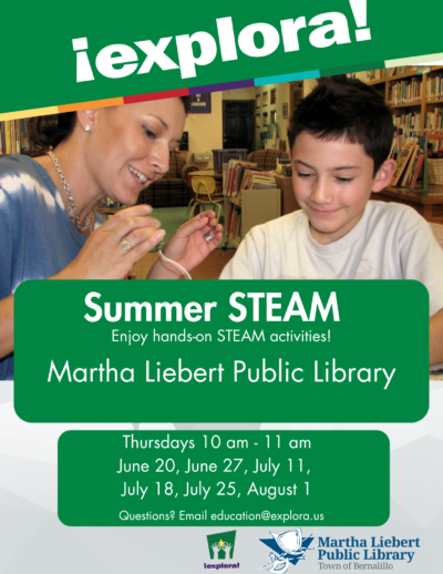 Summer Steam at Martha Liebert Public Library flyer of hands on Steam Activities in Summer 2024